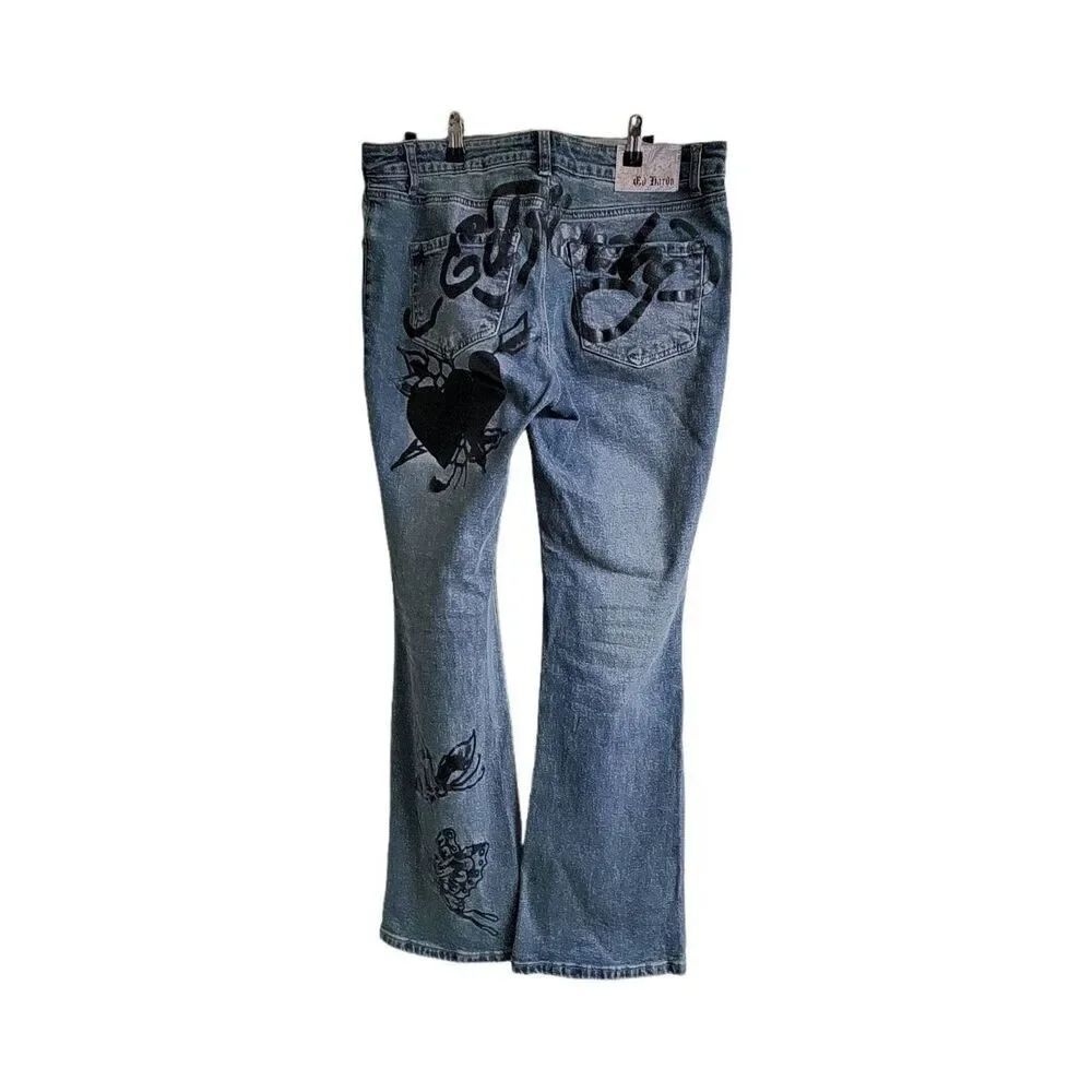 NWOT~ED HARDY Women's Graphic Print Denim Boot Cut Jeans Sz XL - Picture 2 of 2